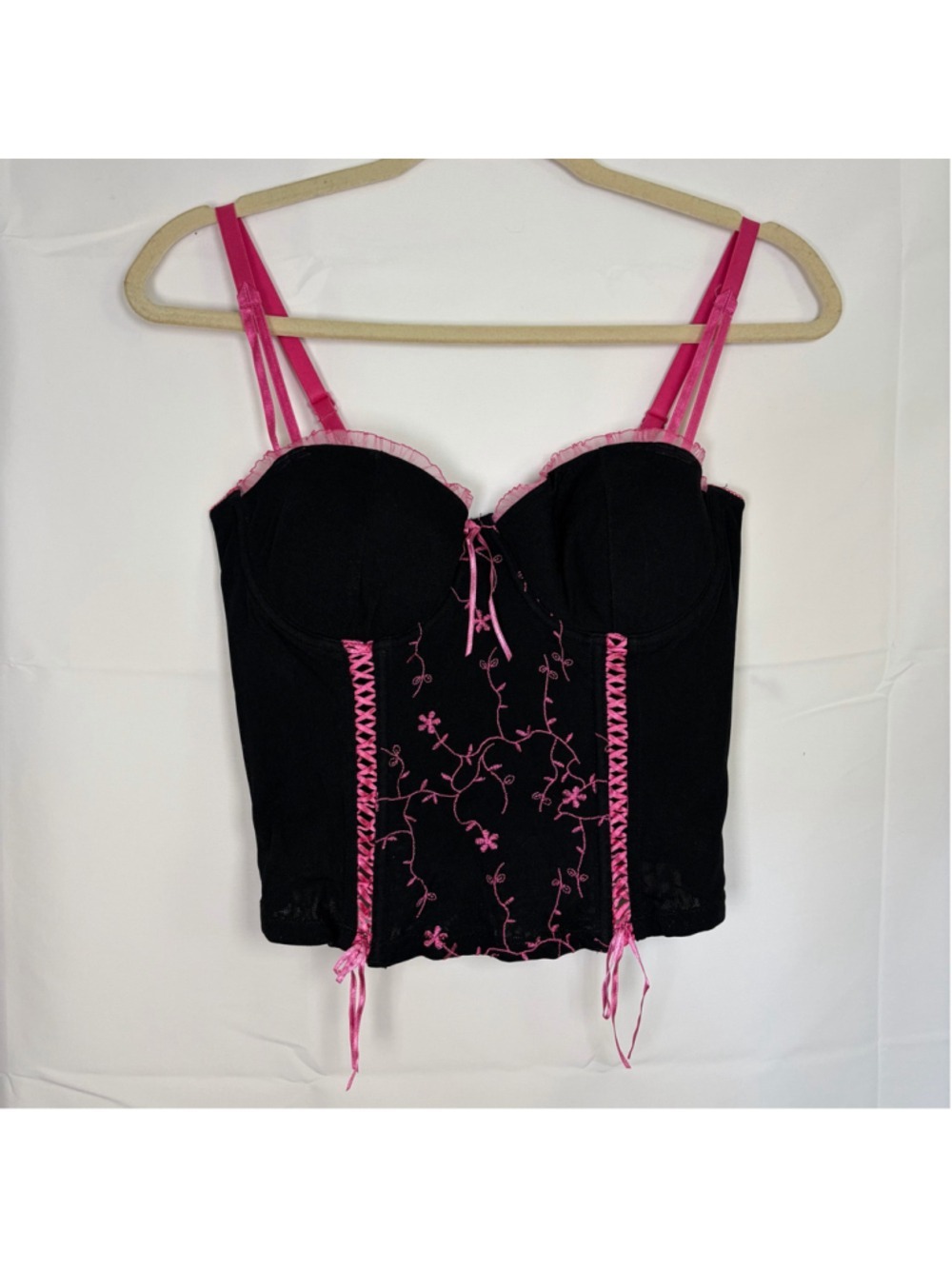 Native Intimates Black Pink Embroidered Lace Up Corset Bustier Camisole Top 36B